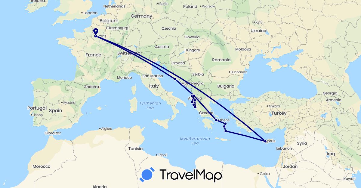 TravelMap itinerary: driving in Albania, Cyprus, France, Greece, Croatia (Asia, Europe)